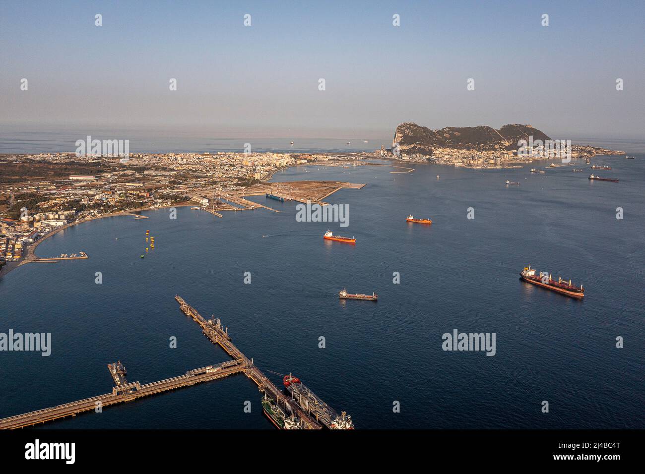 Panoramic view of the Rock of Gibraltar, La Linea de la Concepcion and the Campo de Gibraltar from Spain, Andalusia, Spain Stock Photo
