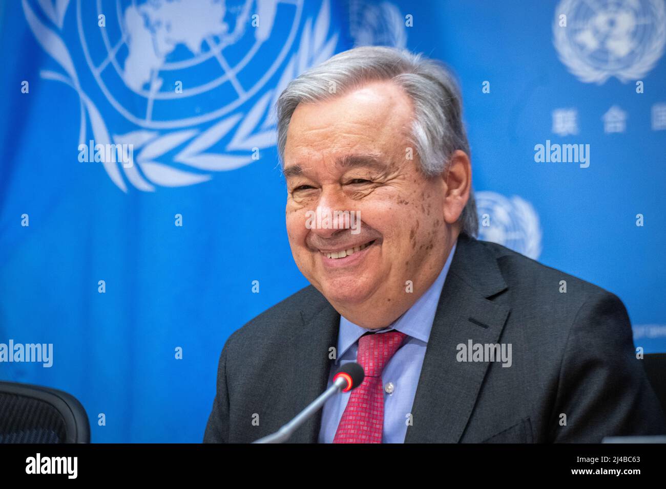 New York, USA. 13th Apr, 2022. United Nations Secretary-General Antonio Guterres speaks at the UN headquarters in New York City. Guterres presented a UN report on the global impact of war in Ukraine on food, energy and finance systems, and said that ' A humanitarian ceasefire in Ukraine does not seem possible at the moment'. Credit: Enrique Shore/Alamy Live News Stock Photo