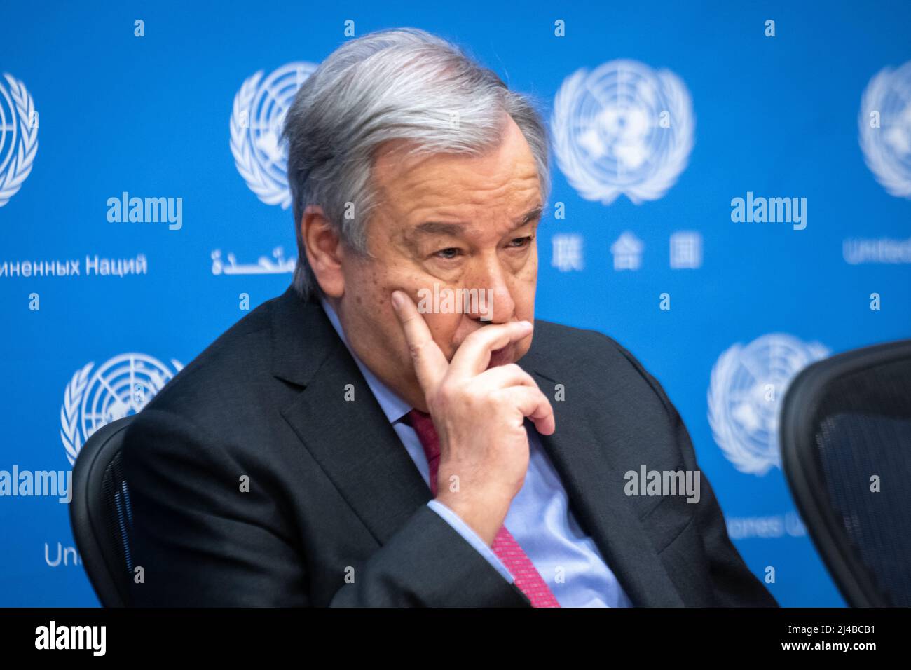 New York, USA. 13th Apr, 2022. United Nations Secretary-General Antonio Guterres speaks at the UN headquarters in New York City. Guterres presented a UN report on the global impact of war in Ukraine on food, energy and finance systems, and said that ' A humanitarian ceasefire in Ukraine does not seem possible at the moment'. Credit: Enrique Shore/Alamy Live News Stock Photo