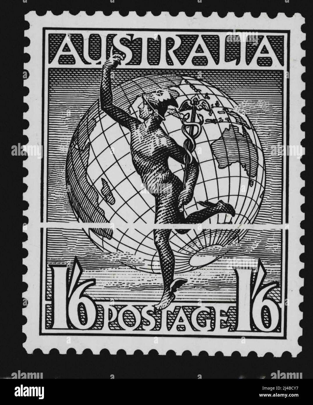 NEW Stamp: The figure of Mercury is set prominently in the design of the new 1/6 stamp which will be on sale at post offices in the commonwealth on September 1. The principal motif will be one glove in stead of two hemispheres as at present. August 9, 1949. Stock Photo