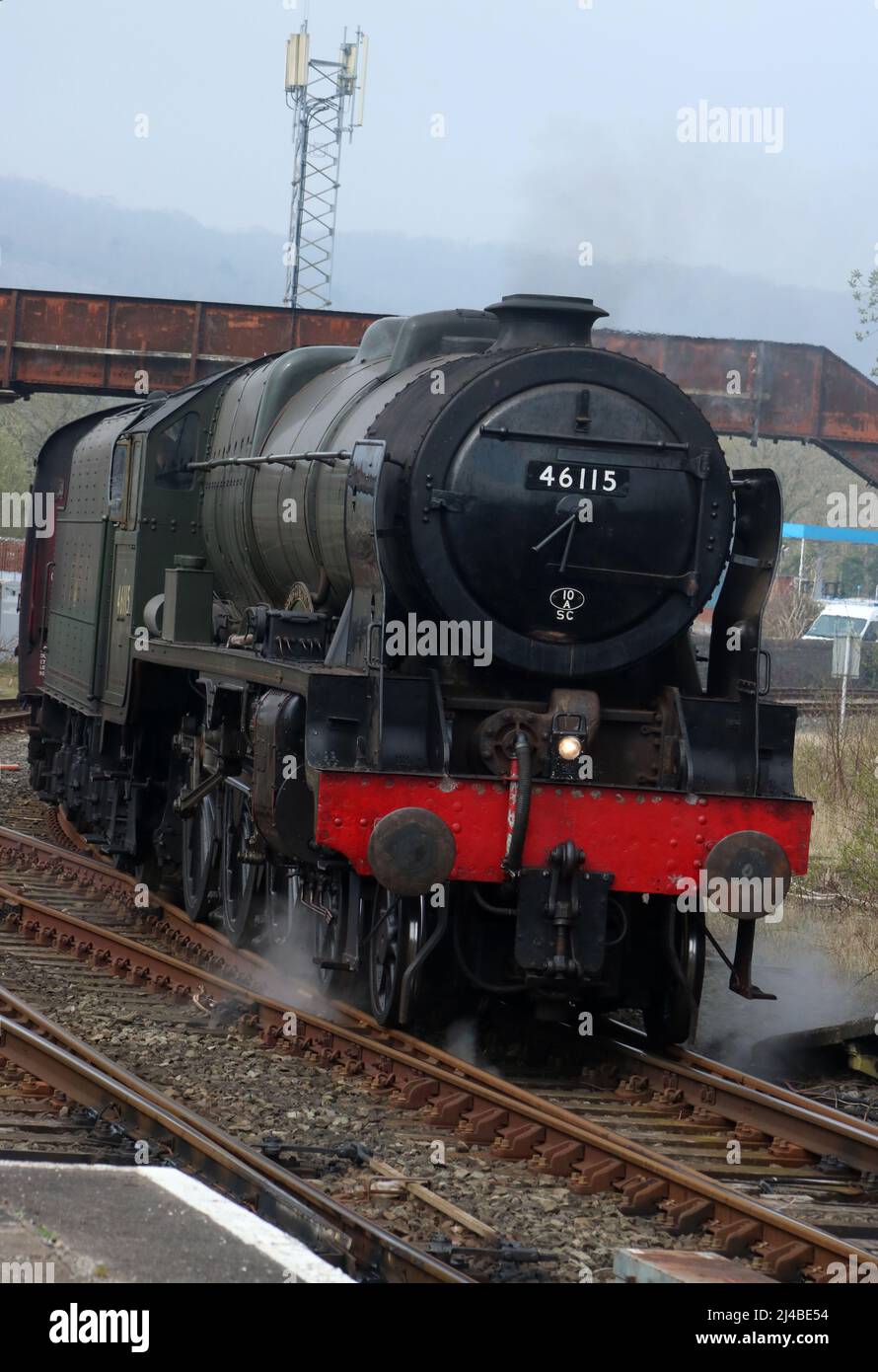 Preserved Royal Scot class steam locomotive, 46115 Scots Guardsman, returning to Carnforth on Wednesday 13th April 2022 after a light test run. Stock Photo