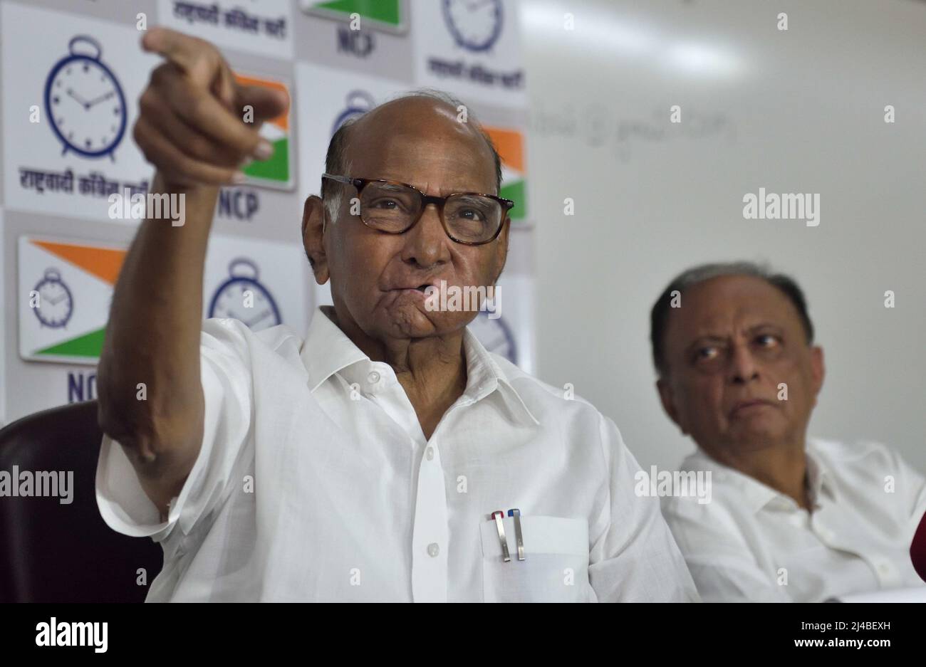 Mumbai, India. 13th Apr, 2022. MUMBAI, INDIA - APRIL 13: Nationalist Congress Party (NCP) chief Sharad Pawar accompanied by party colleague Majeed Memon, addresses a press conference at Y.B. Chavan Centre on April 13, 2022 in Mumbai, India. (Photo by Satish Bate/Hindustan Times/Sipa USA) Credit: Sipa USA/Alamy Live News Stock Photo