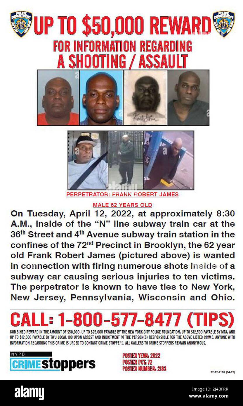 Brooklyn, New York, USA. 13th Apr, 2022. FRANK JAMES, who is named on Wednesday as the suspect in the shooting that took place on the N train in Brooklyn, New York is shown in these handout photos and wanted poster provided by the New York City Police Department. Police on Wednesday arrested James, a man they said opened fire on a Brooklyn subway train during morning rush hour, injuring more than two dozen people. James, 62, was arrested after a daylong manhunt. (Credit Image: © NYPD/ZUMA Press Wire Service) Stock Photo
