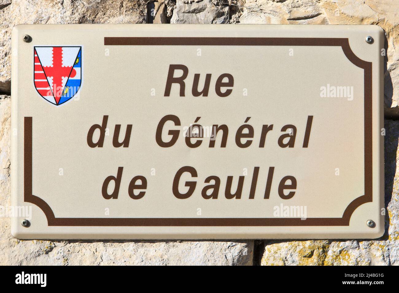 Street named after former president and general Charles de Gaulle (1890-1970) in Colombey-les-Deux-Eglises, France Stock Photo