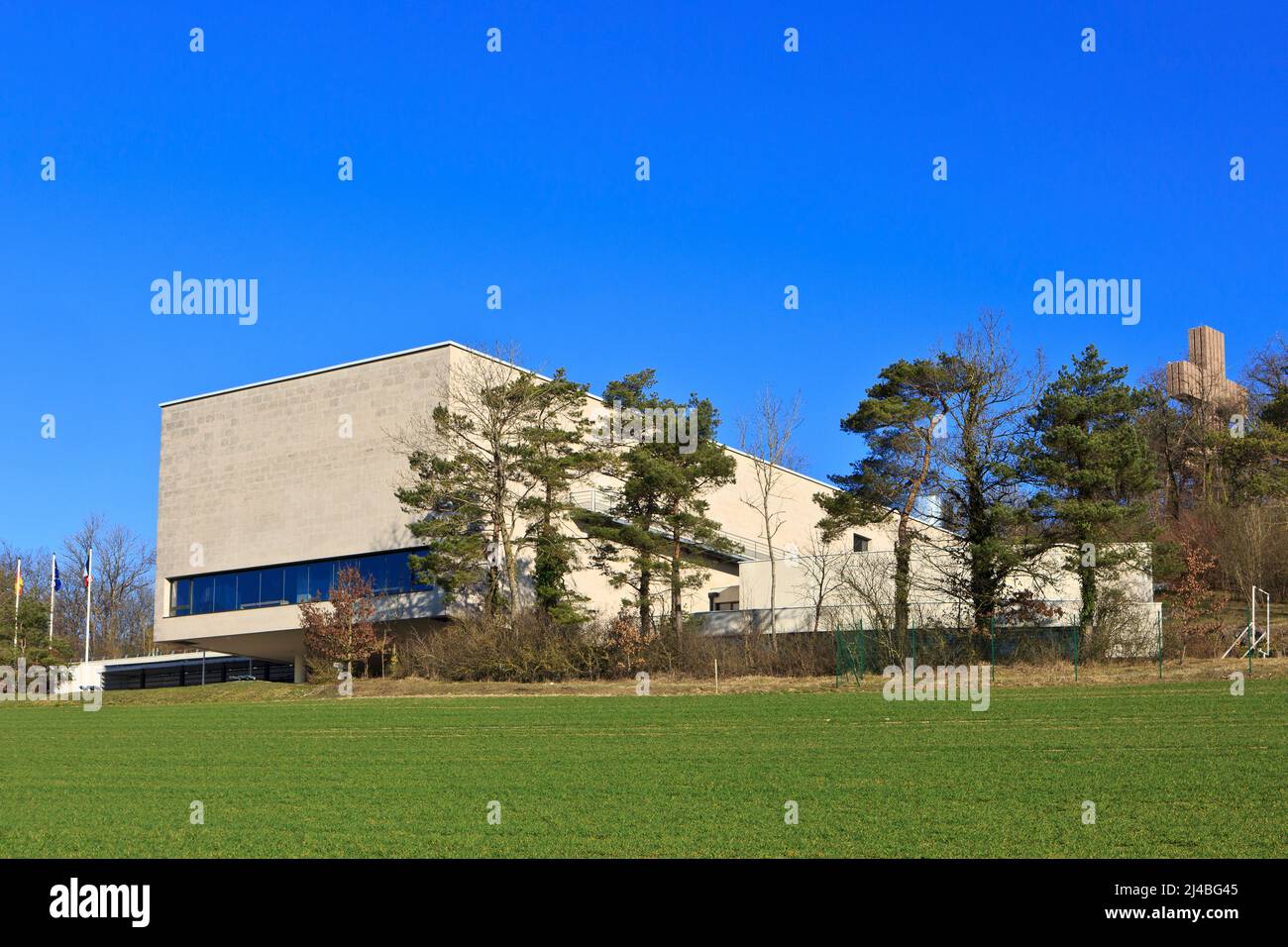 Facade of the Charles de Gaulle Memorial (museum and Cross of Lorraine) in Colombey-les-Deux-Eglises, France Stock Photo