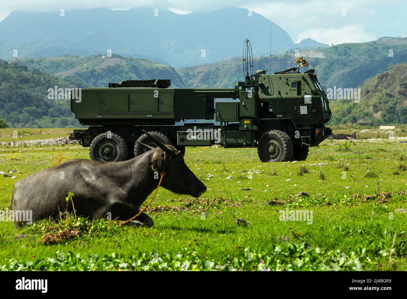 Philippines. 30th Mar, 2022. A U.S. Marine Corps High Mobility Artillery Rocket System with 3d Battalion, 12th Marines, 3d Marine Division rehearses for the combined arms live-fire exercise during Balikatan 22 at Colonel Ernesto Ravina Air Base, Tarlac, Philippines, March 30, 2022. Balikatan is an annual exercise between the Armed Forces of the Philippines and U.S. military designed to strengthen bilateral interoperability, capabilities, trust, and cooperation built over decades shared experiences. Balikatan, Tagalog for shoulder-to-shoulder is a long-standing bilateral exercise between the Stock Photo