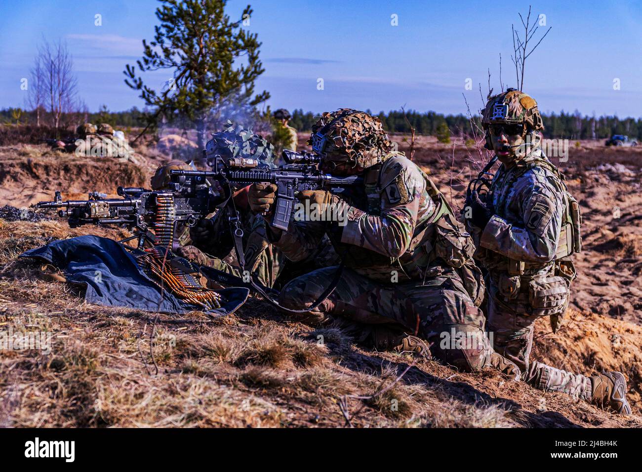 Riga, Latvia. 24th Mar, 2022. Paratroopers with 2nd Battalion, 503rd Parachute Infantry Regiment, 173rd Airborne Brigade, conduct live-fire training in Riga, Latvia, in conjunction with exercise Saber-Strike March 24, 2022. Saber Strike is designed to enhance interoperability with our NATO allies and strengthen regional relationships that we have developed. Saber Strike allows NATO allies to connect personally, professionally, technically, and tactically to create synergistic effects and a more proficient multi-national combat force. (Credit Image: © U.S. Army/ZUMA Press Wire Service/ZUMAPR Stock Photo