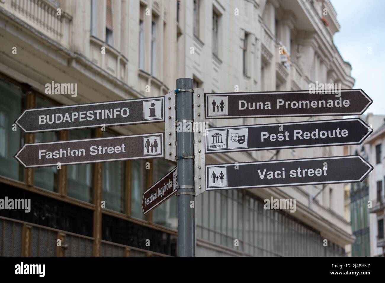 Directional sign to many tourist locations in Budapest, Hungary such as ...