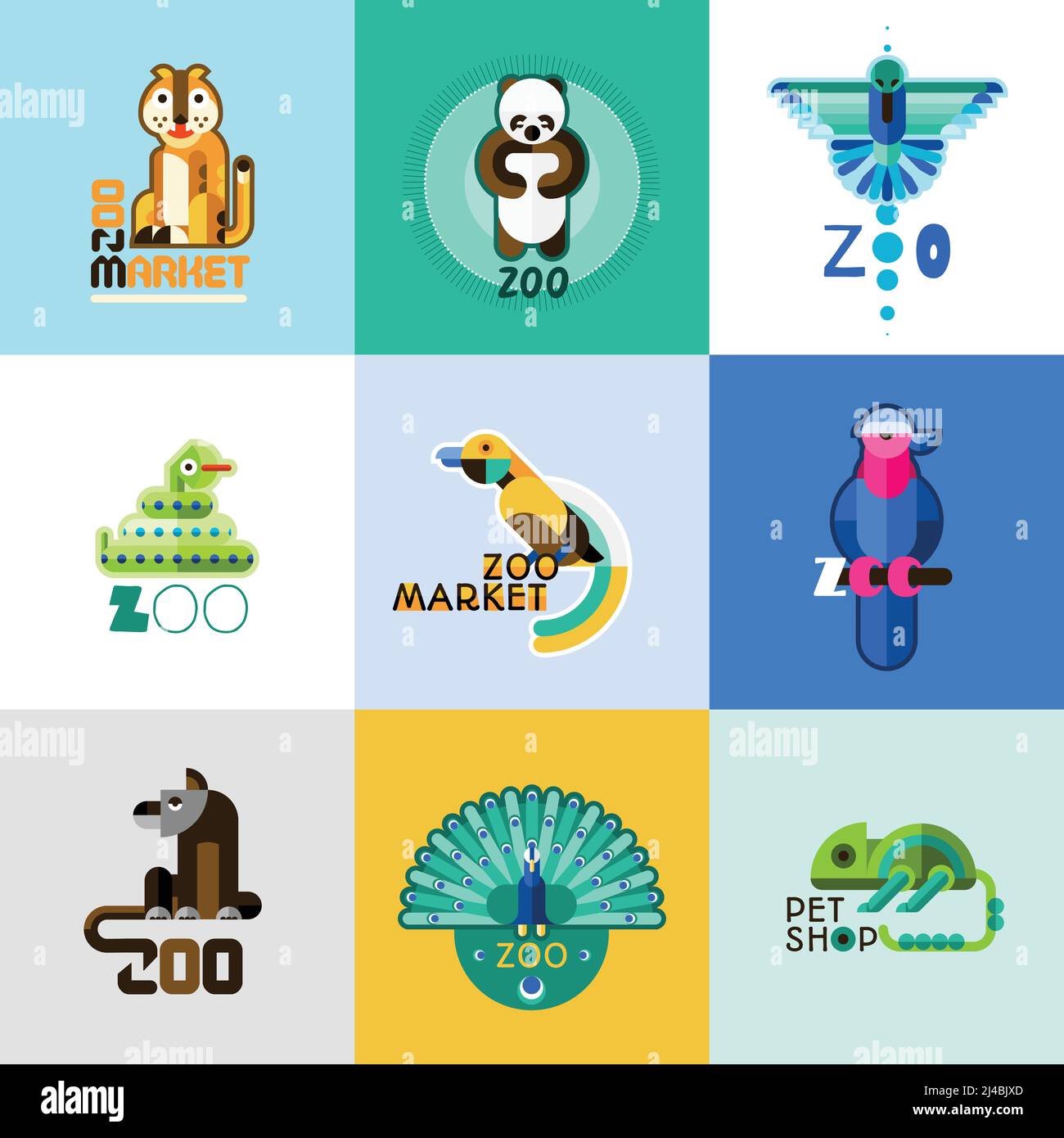 Zoo market pet shop logo set with wild animals and cute birds isolated