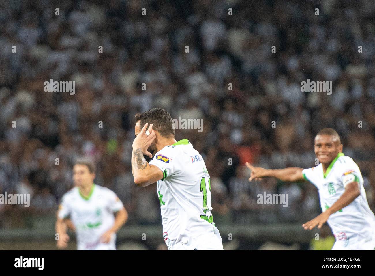 Belo Horizonte, Brazil. 13th Apr, 2022. MG - Belo Horizonte - 04/13/2022 - LIBERTADORES 2022 ATLETICO -MG X AMERICA-MG - Felipe Azevedo player of America-MG celebrates his goal during a match against Atletico-MG at Mineirao stadium for the Copa Libertadores 2022 championship. Photo: Alessandra Towers/AGIF Credit: AGIF/Alamy Live News Stock Photo