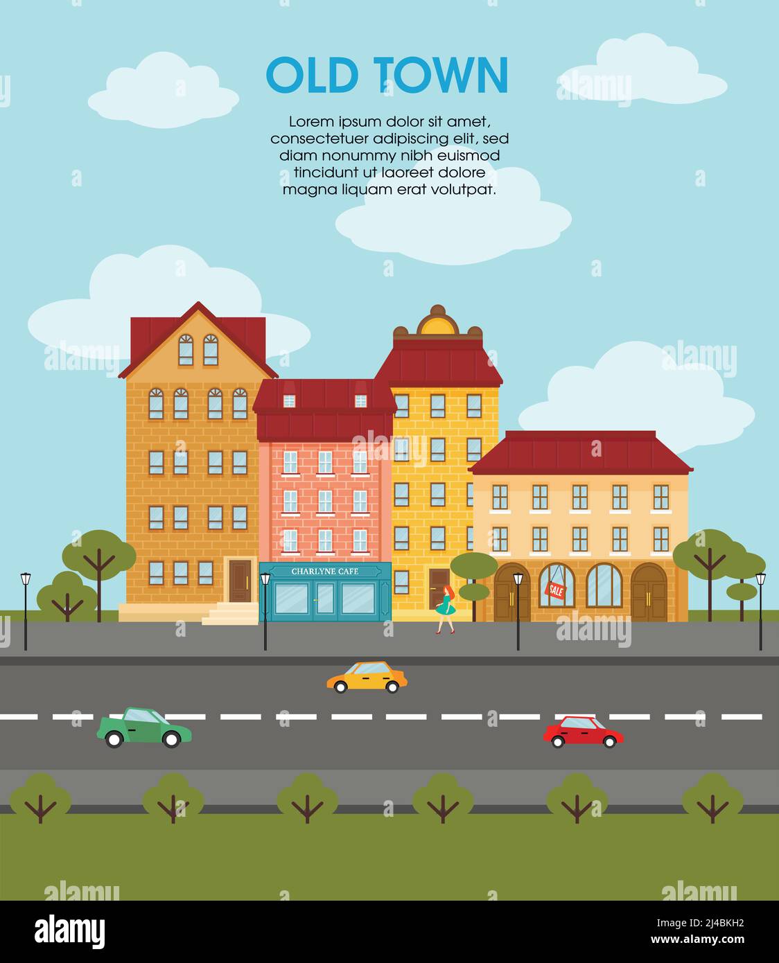 Colorful flat urban landscape template with different buildings cars on ...