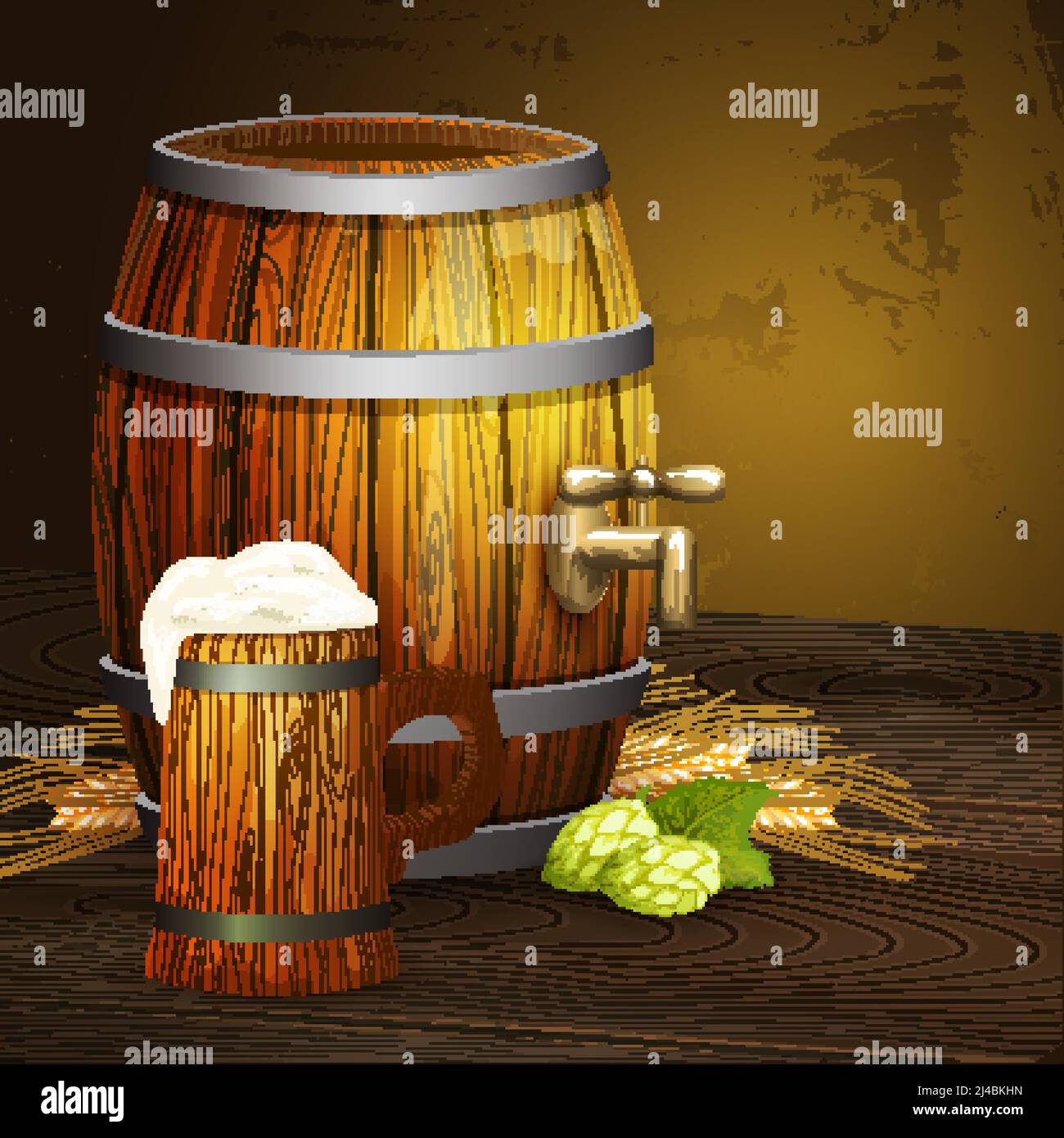 Old vintage beer bar background poster print with oak barrel and big wooden mug realistic vector illustration Stock Vector