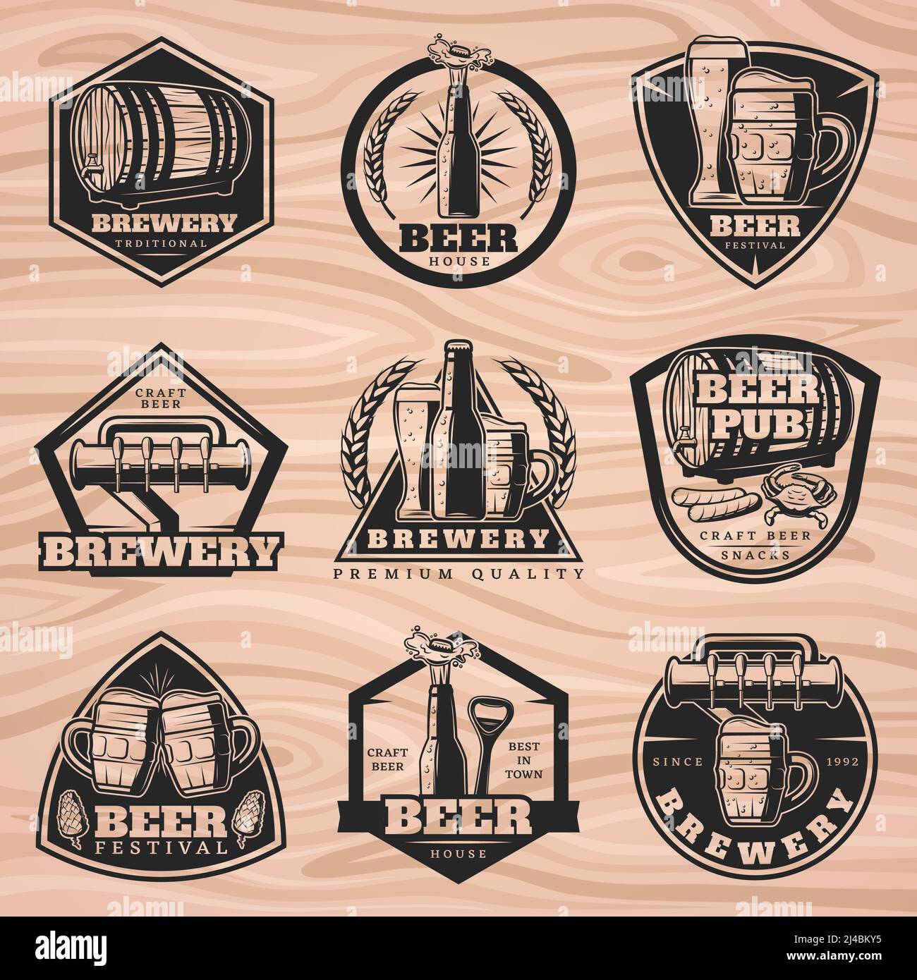 Black brewery labels set with beer elements in vintage style on wooden