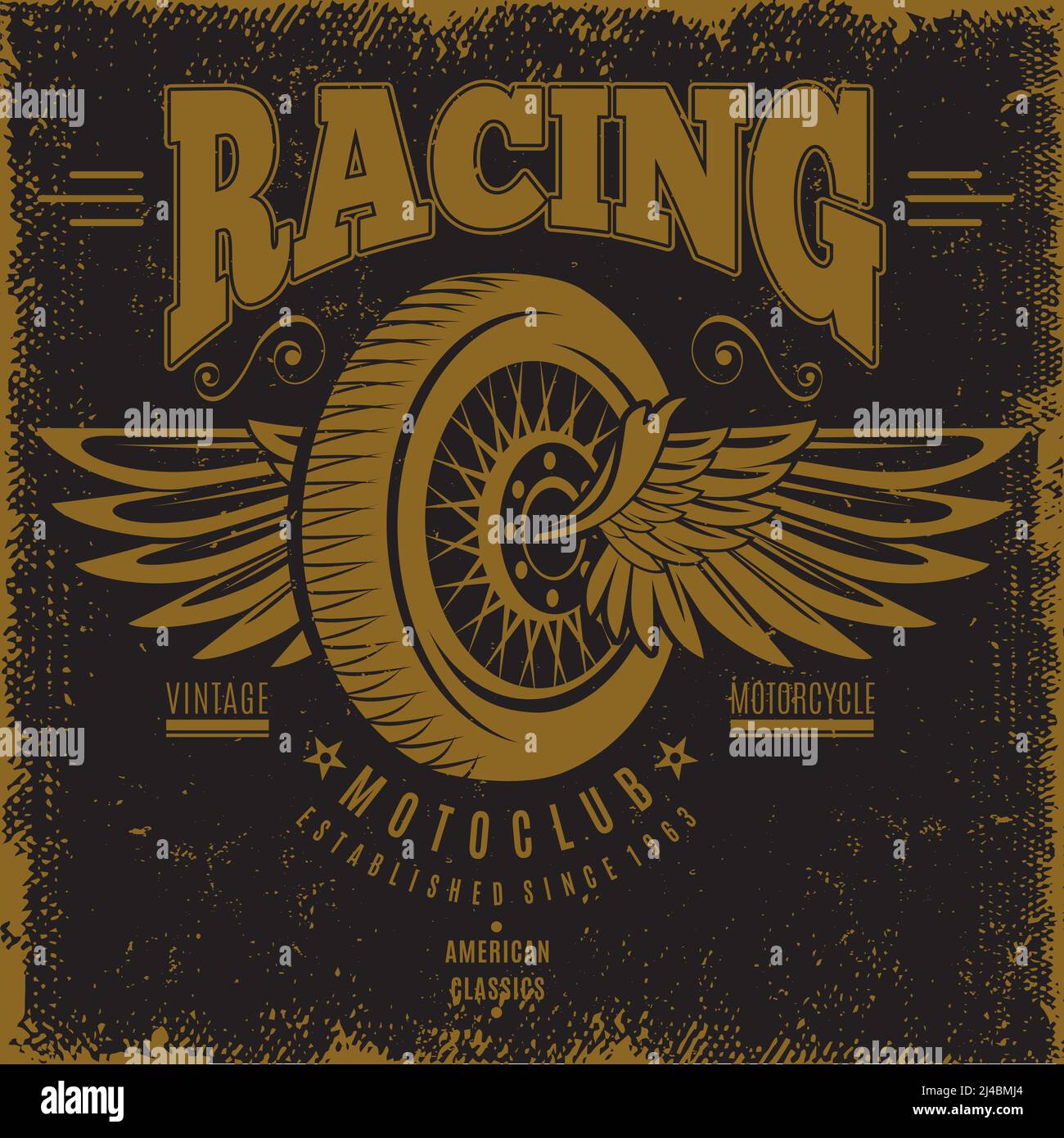 Vintage moto club poster with inscriptions and wheel flying on wings in