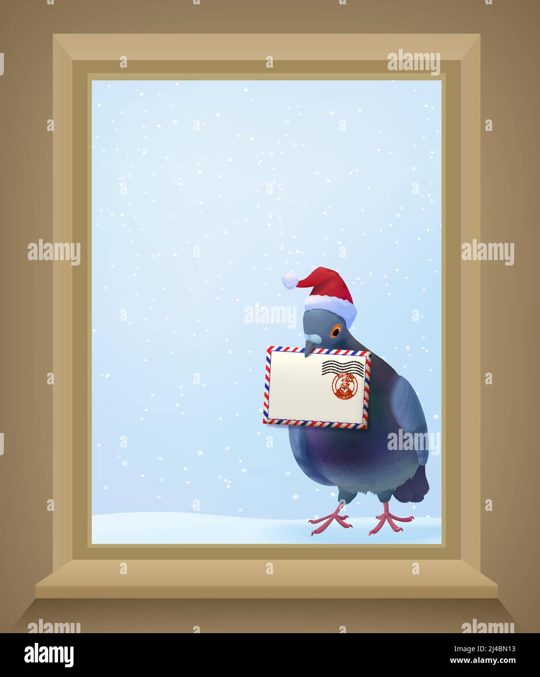 Christmas post pigeon in red hat holding mail envelope and knocking on window on winter background vector illustration Stock Vector