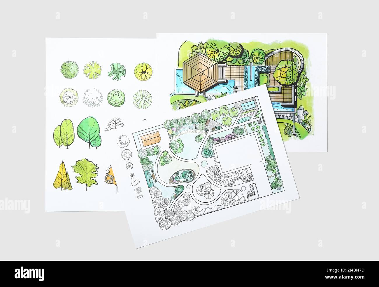 Paper sheets with sketches for landscape design on light background Stock Photo