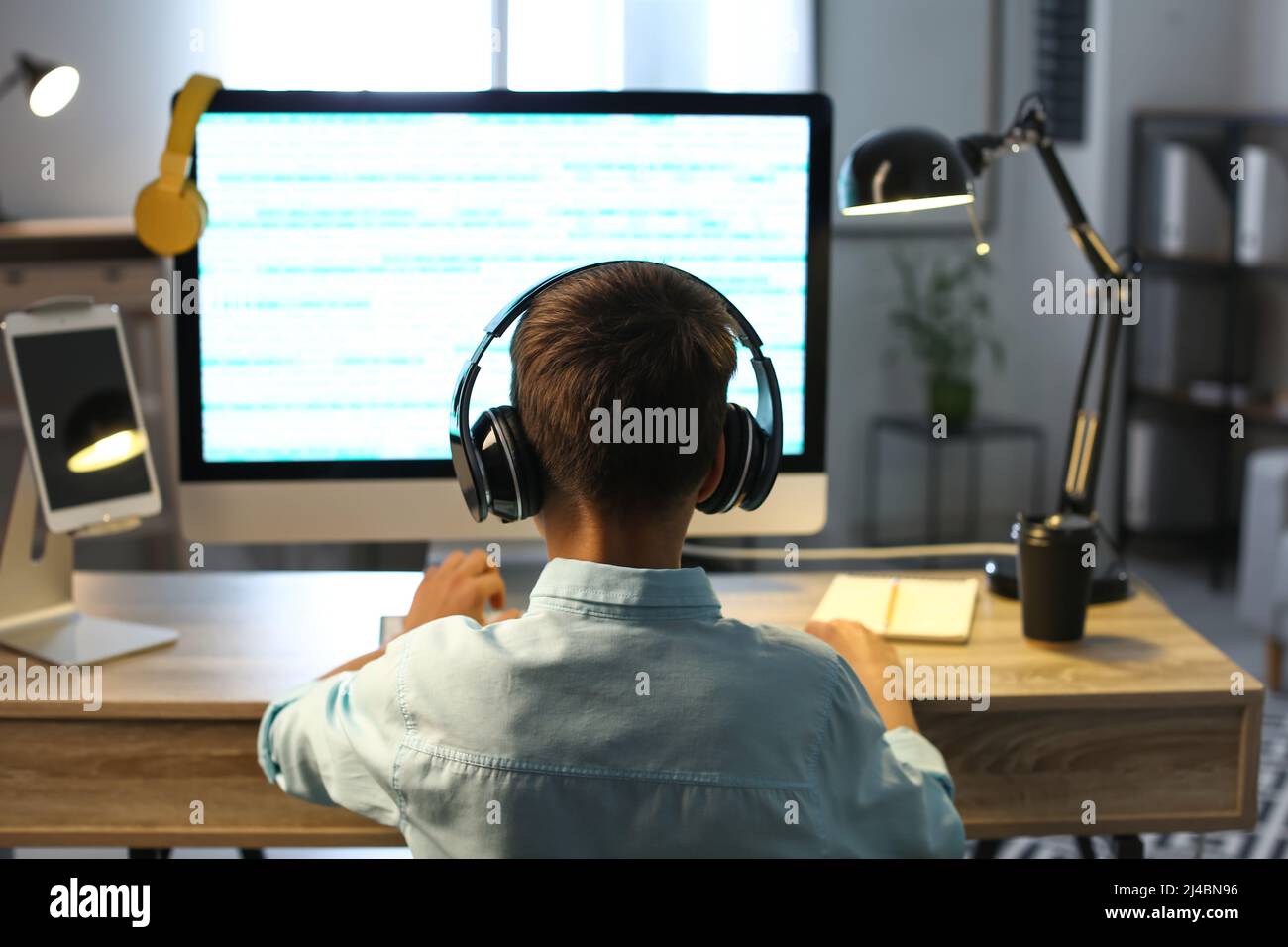 Cute little programmer using modern computer at home, back view Stock ...