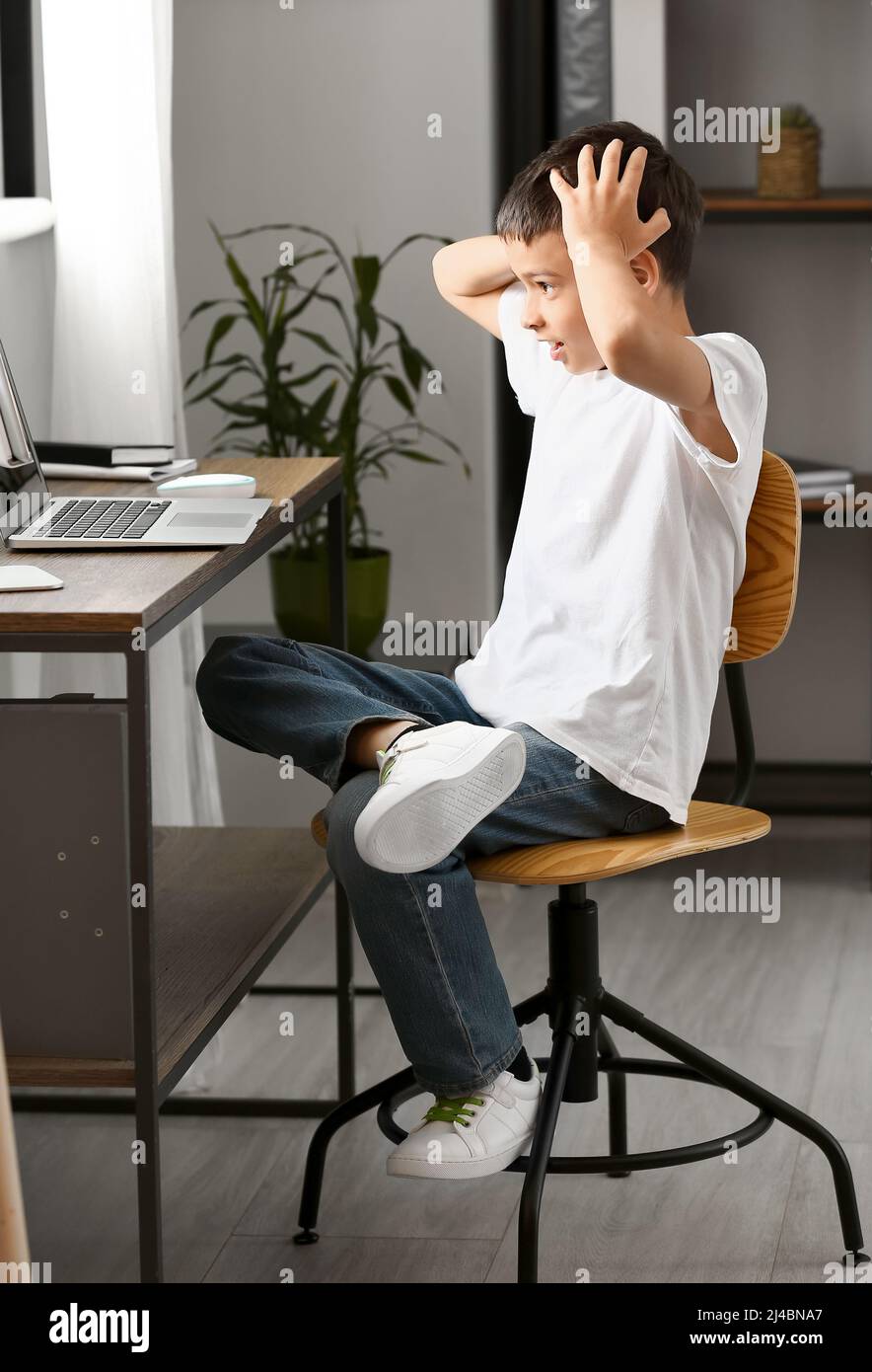 Shocked little programmer with modern laptop at home Stock Photo - Alamy