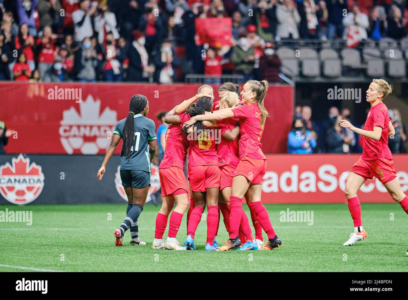 Vancouver, British Columbia, Canada. 8th April, 2022. Team Canada celebrate a goal during the first Canada Soccer’s Women’s National Team Celebration Stock Photo
