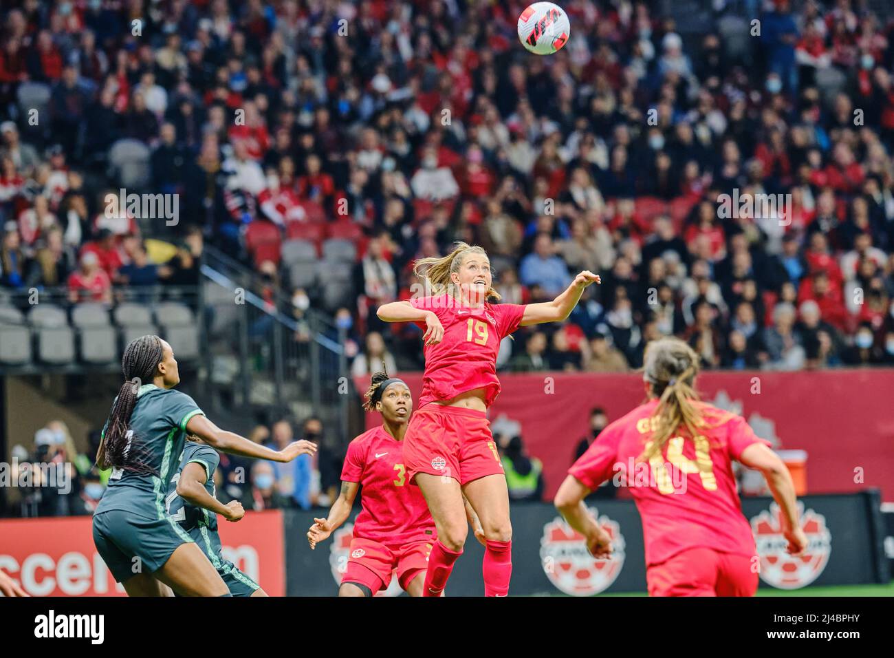 Vancouver, British Columbia, Canada. 8th April, 2022. Jordyn Huitema of Team Canada during the first Canada Soccer’s Women’s National Team Celebration Stock Photo