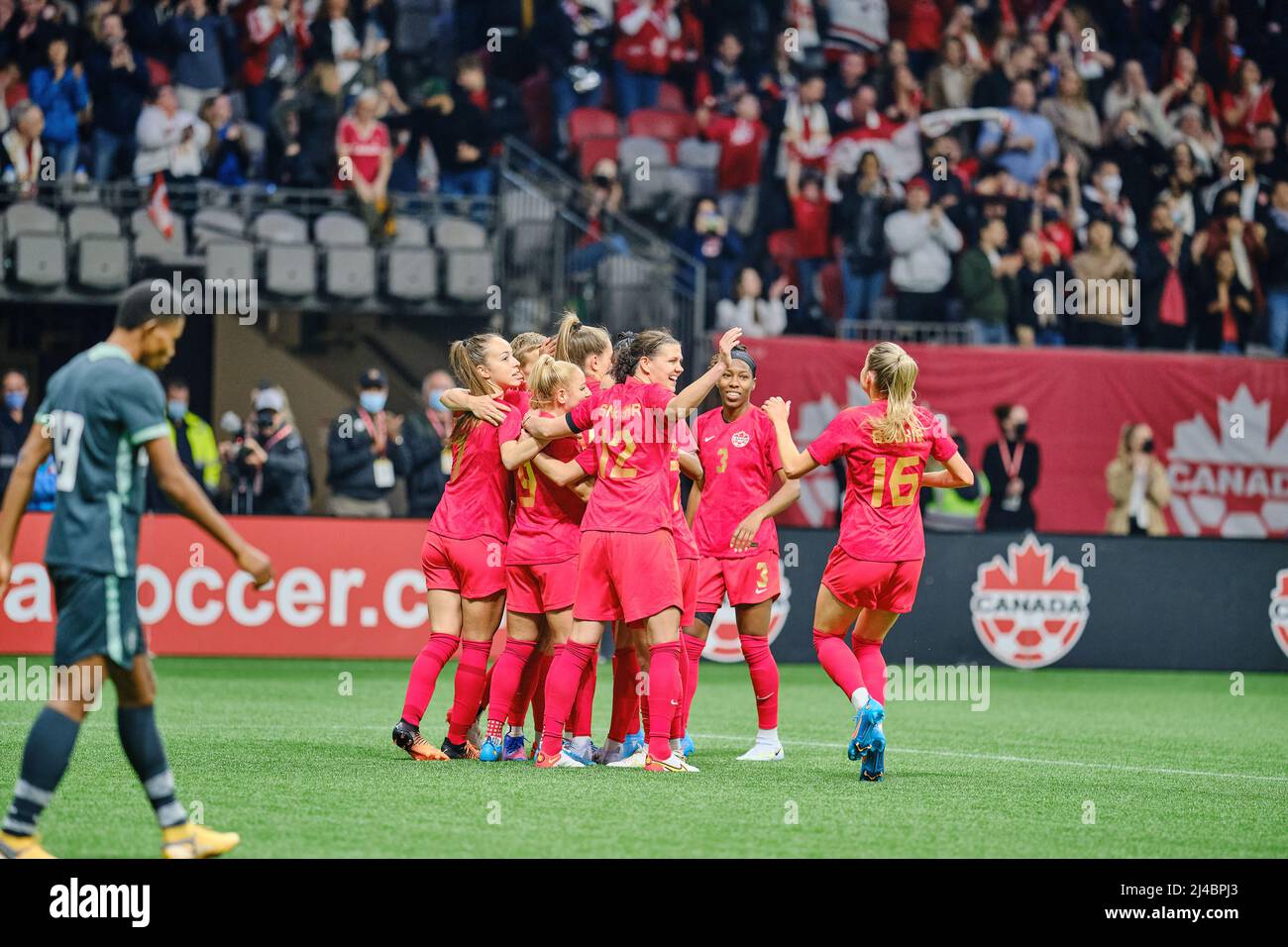 Vancouver, British Columbia, Canada. 8th April, 2022. Team Canada celebrate a goal during the first Canada Soccer’s Women’s National Team Celebration Stock Photo
