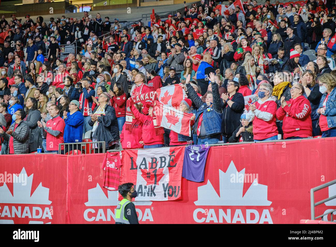 Vancouver, British Columbia, Canada. 8th April, 2022. Fans hold up signs during the first Canada Soccer’s Women’s National Team Celebration Tour games Stock Photo