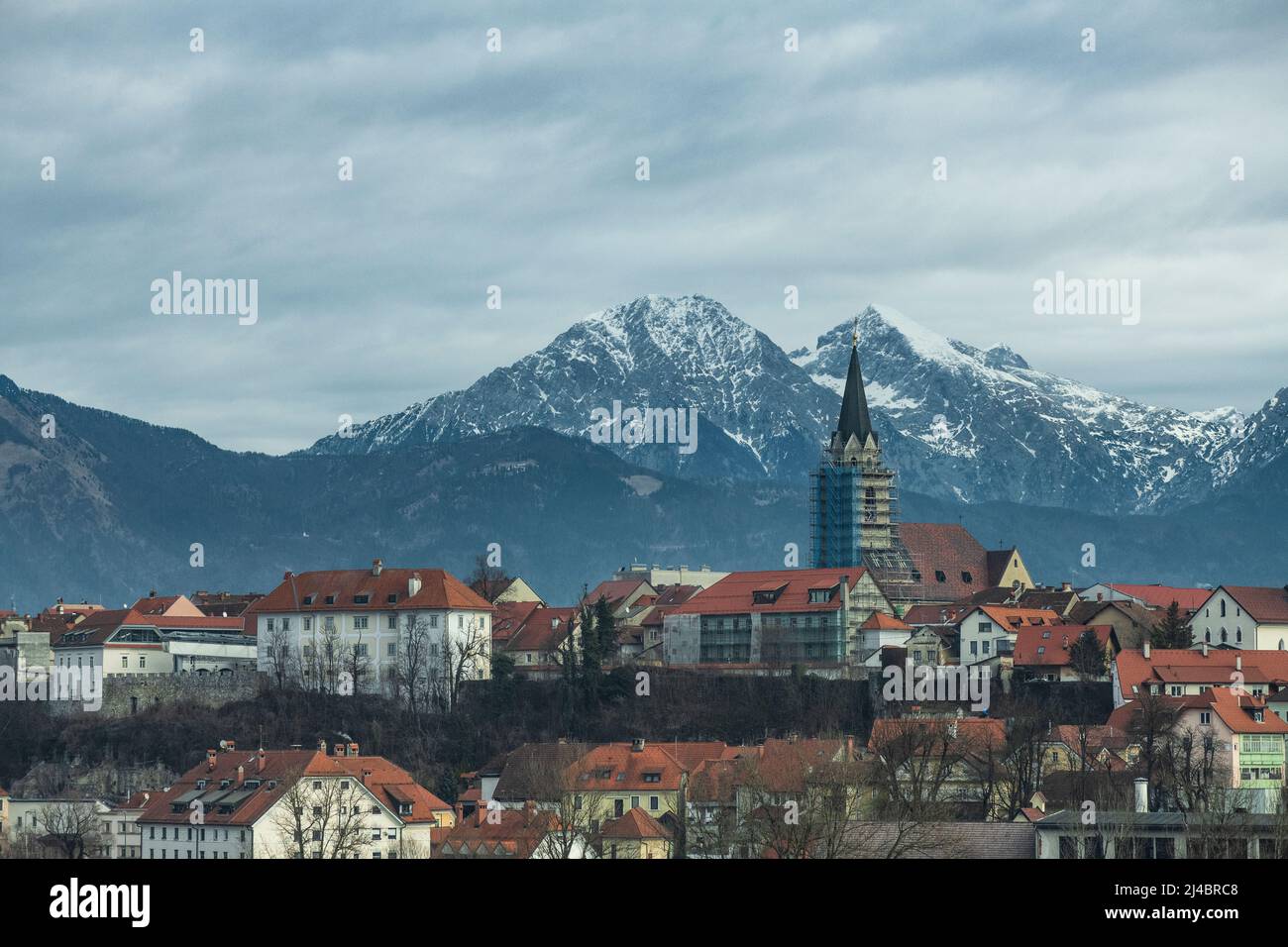 Kranj skyline, with Triglav moutain on the background. Slovenia Stock Photo