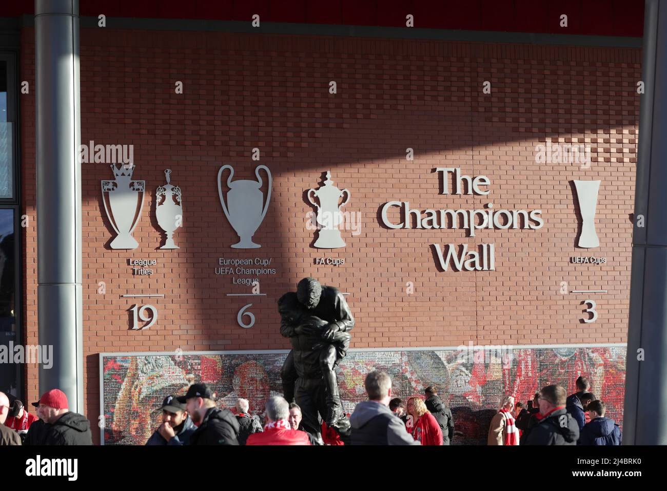 Anfield, Liverpool, UK. 13th Apr, 2022. Champions League football, Liverpool  versus FC Benfica, quarter-final 2nd leg: the Champions Wall displaying the  number of trophies won by Liverpool FC outside of the stadium