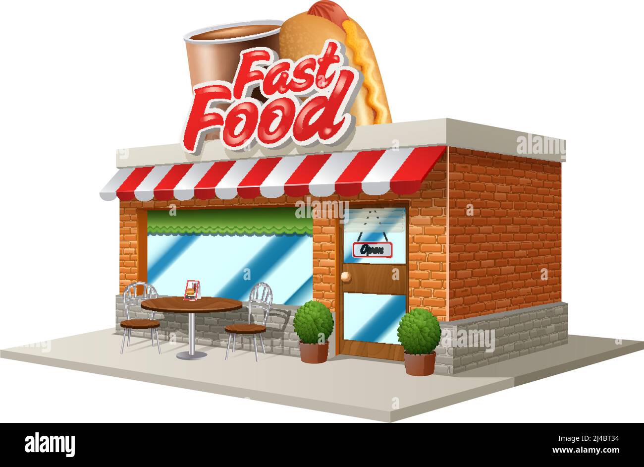3d fast food restaurant or cafe building isolated on white background vector illustration Stock Vector