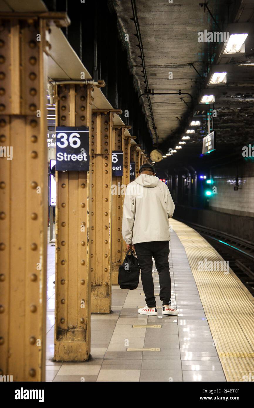 Brooklyn, United States. 13th Apr, 2022. NY: A day after multiple people were Injured during the Tuesday morning rush-hour at Brooklyn's 36th St. Subway Station in the Sunset Park neighborhood. Taken on April 13, 2022, in Brooklyn, New York . (Photo by Erica Price/Sipa USA) Credit: Sipa USA/Alamy Live News Stock Photo