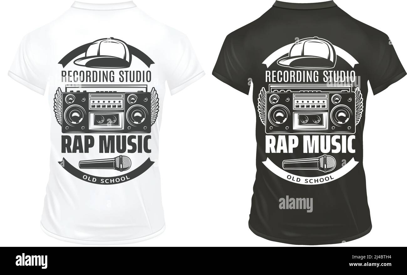 Vintage rap music prints template with inscriptions recorder microphone cap  on black and white shirts isolated vector illustration Stock Vector Image &  Art - Alamy