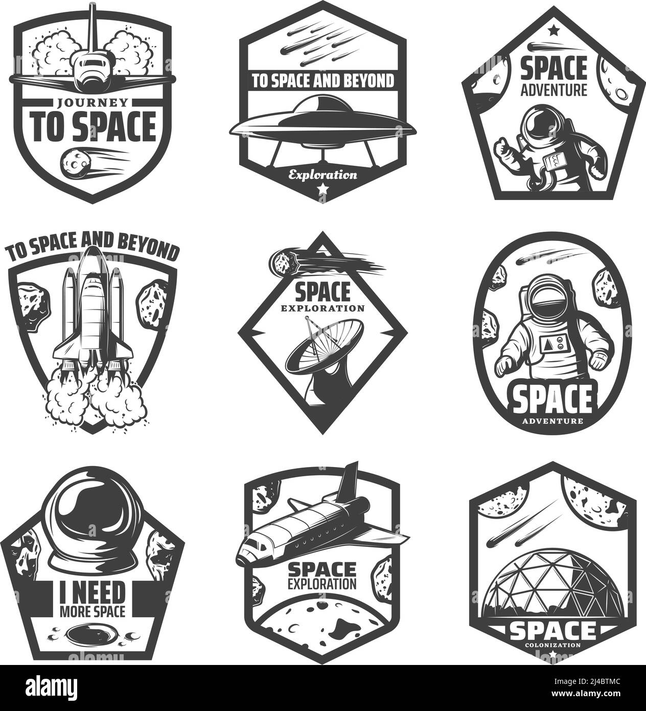 Vintage monochrome space labels set with spaceships ufo astronauts rocket antenna helmet scientific station comets meteors isolated vector illustratio Stock Vector