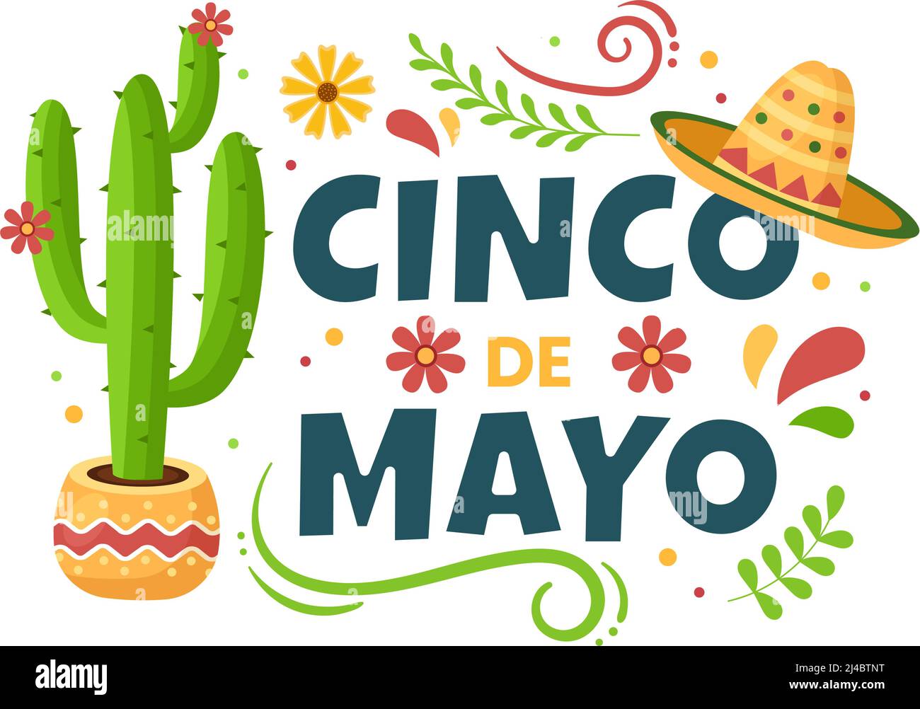 Cinco de Mayo Mexican Holiday Celebration Cartoon Style Illustration with Cactus, Guitar, Sombrero and Drinking Tequila for Poster or Greeting Card Stock Vector