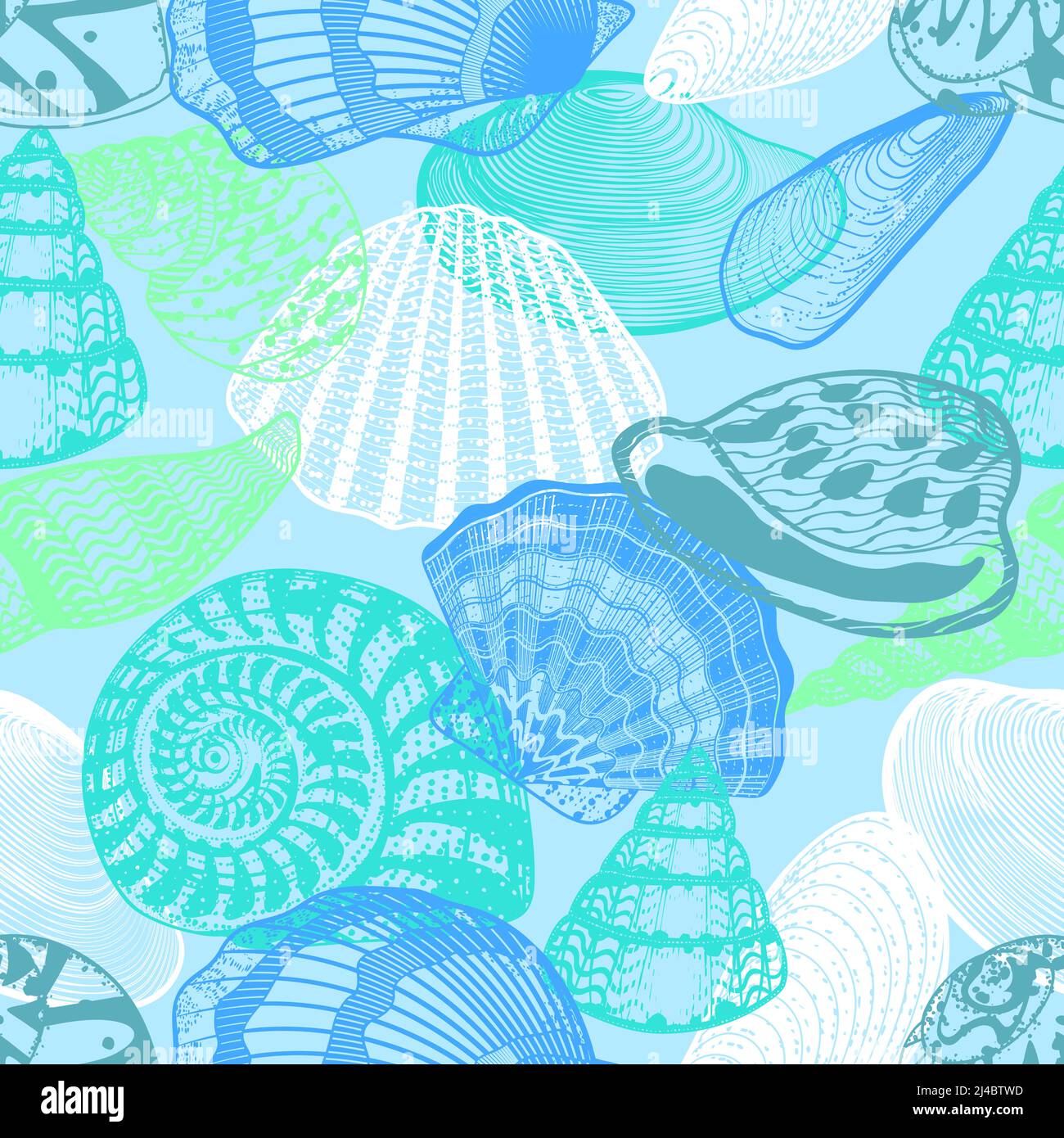 Colorful underwater ocean life seamless pattern with shells of different shapes scallops and snail vector illustration Stock Vector