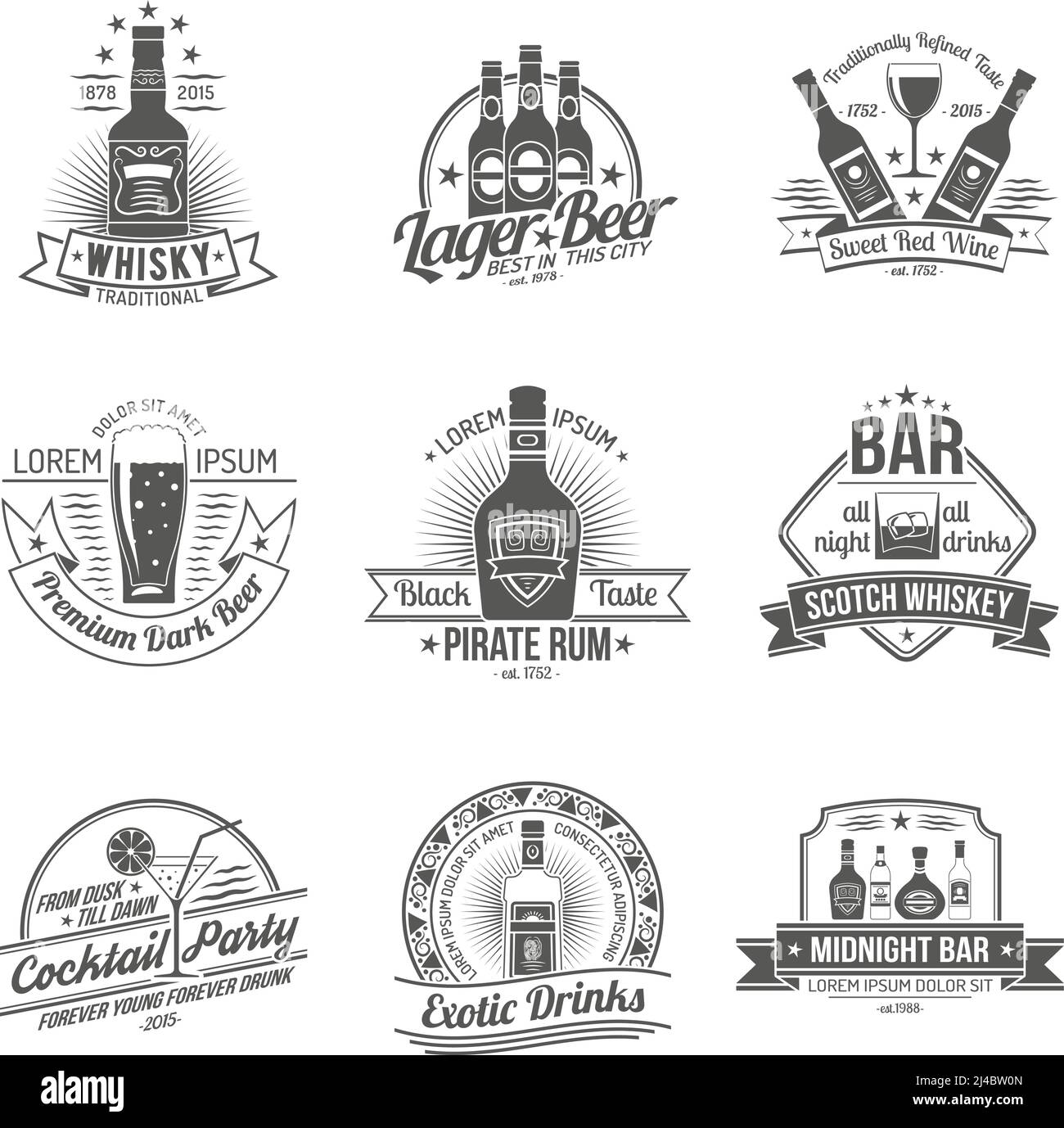Alcohol drinks premium quality black label set isolated vector