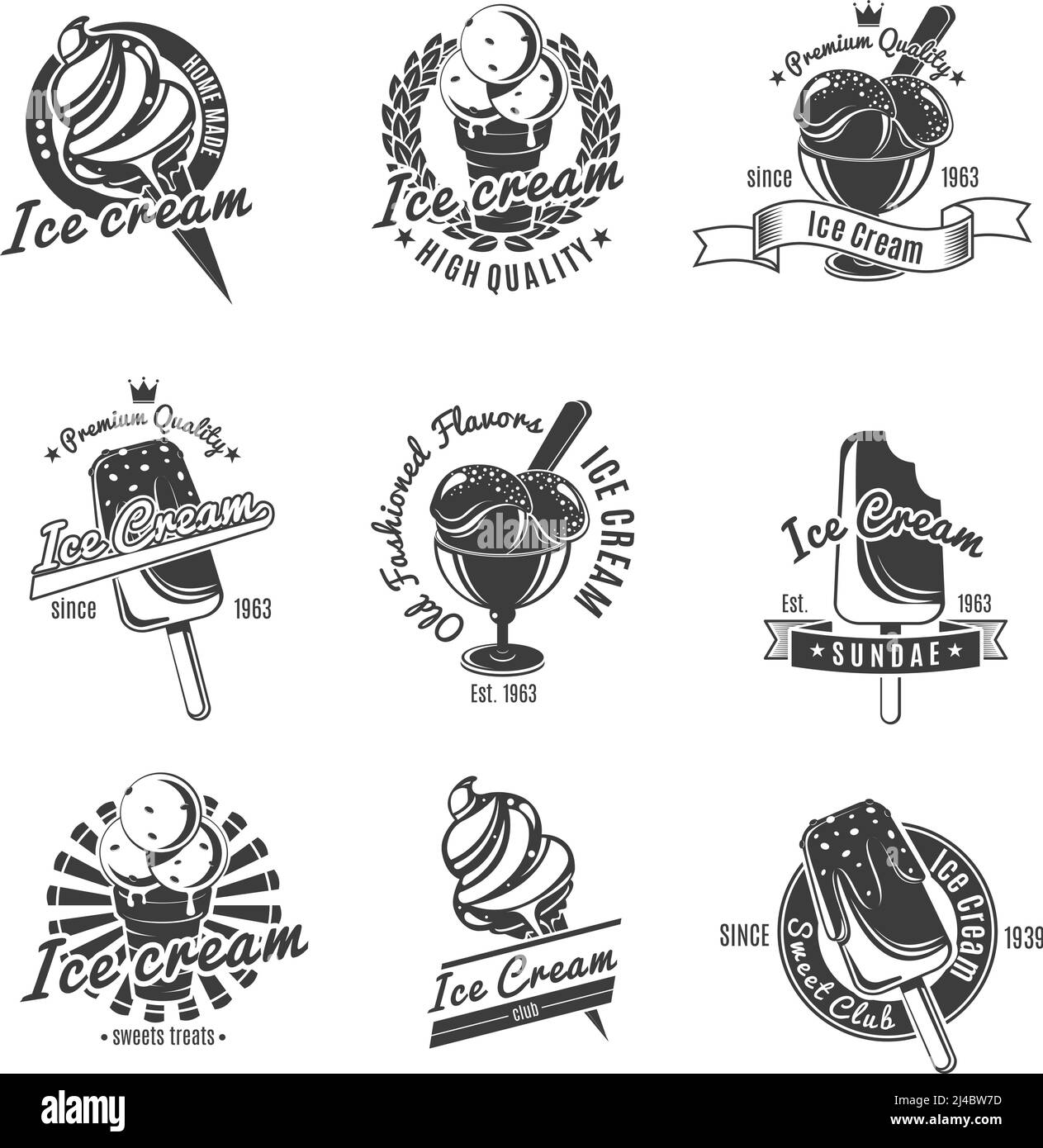 Vintage monochrome ice cream labels set with inscriptions fruit ...