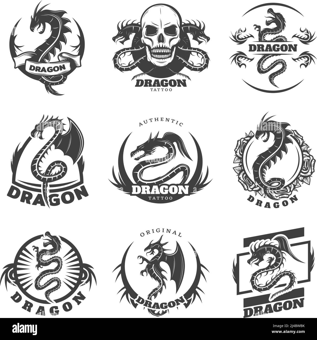 Vintage monochrome dragon tattoo labels set with inscription mythological reptiles skull and flowers isolated vector illustration Stock Vector