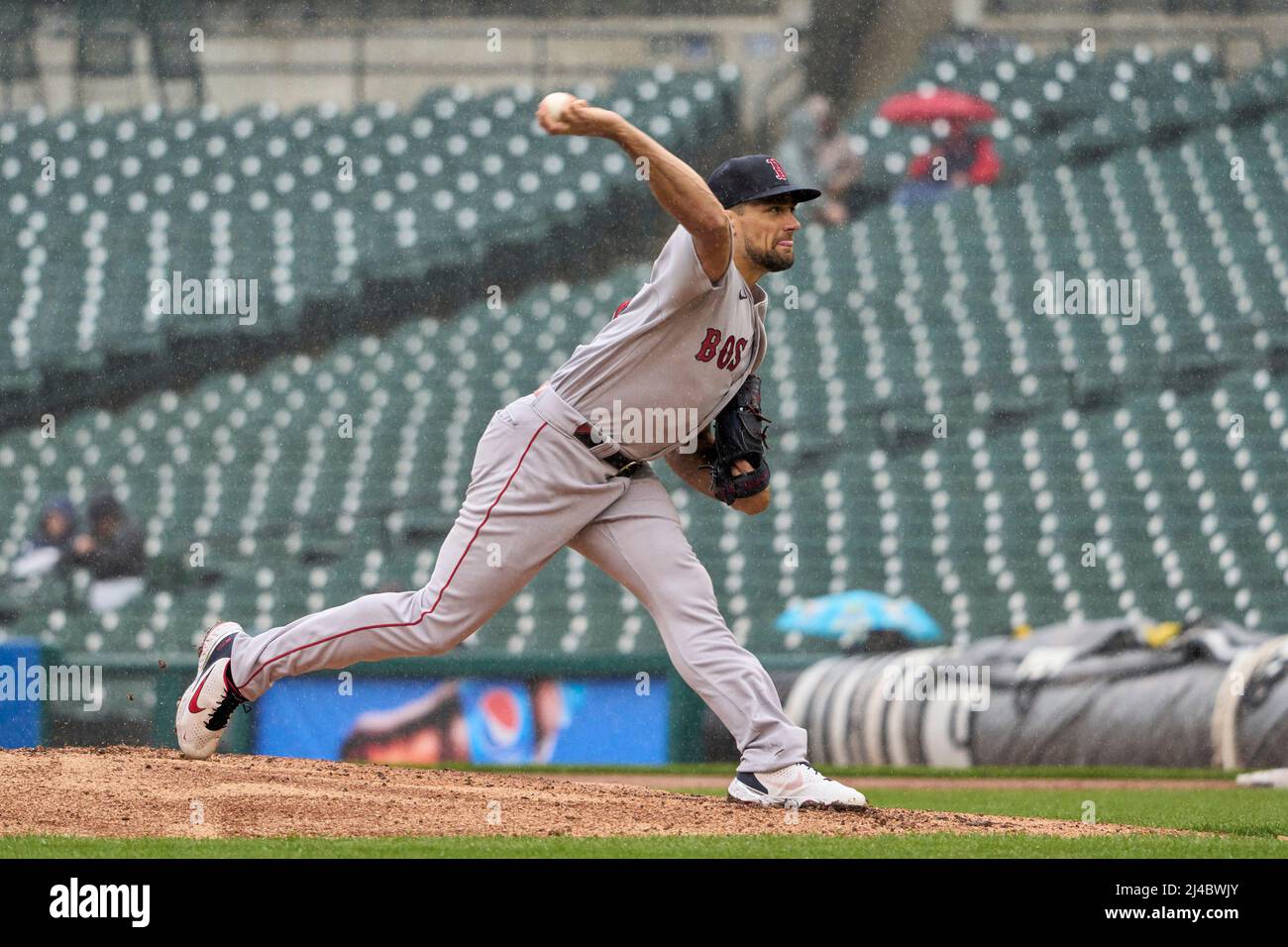 Detroit MI, USA. 13th Apr, 2022. Boston pitcher Nathan Eovaldi (17) throws  a pitch during the game with Boston Red Sox and Detroit Tigers held at  Comercia Park in Detroit Mi. David
