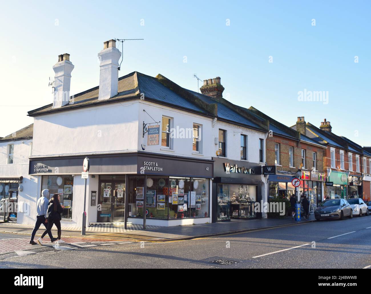 Street view in Leigh on sea UK with real estate agent shop Stock Photo