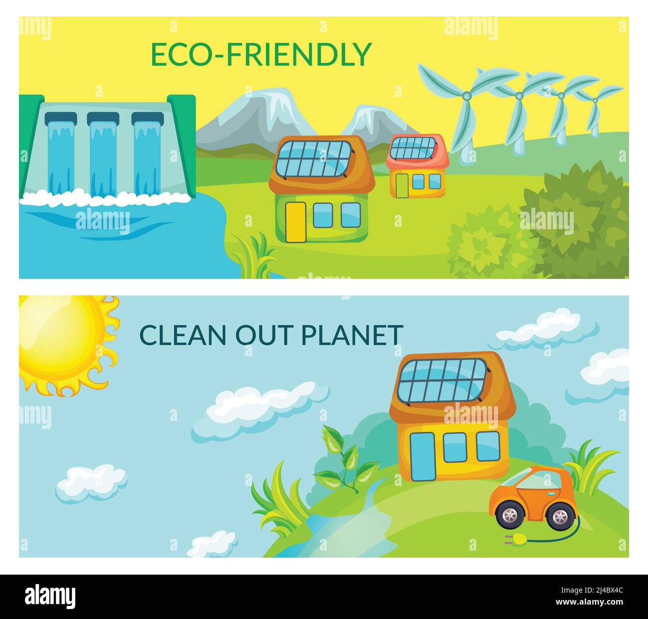 Cartoon ecology horizontal banners with clean nature due to use of alternative energy sources vector illustration Stock Vector