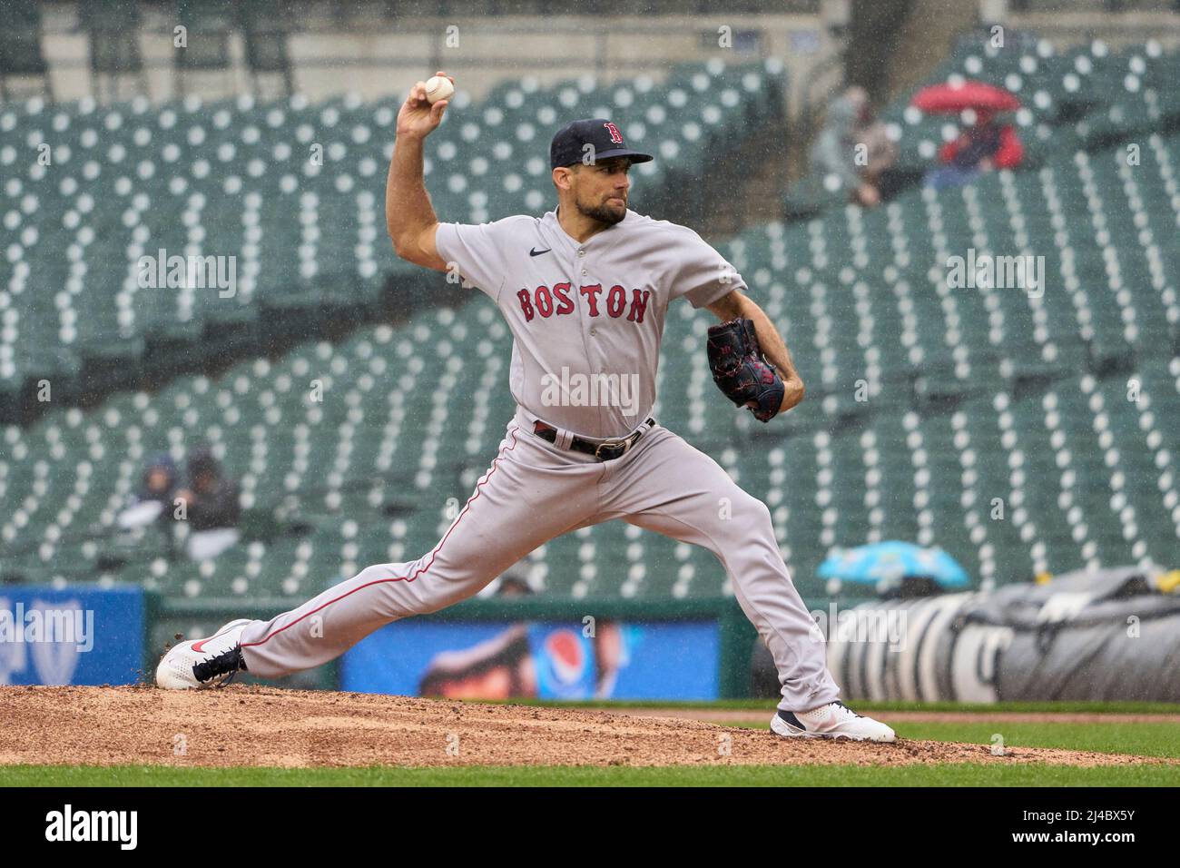 April 13 2022: Boston pitcher Nathan Eovaldi (17) throws a pitch during the  game with Boston Red Sox and Detroit Tigers held at Comercia Park in  Detroit Mi. David Seelig/Cal Sport Medi(Credit