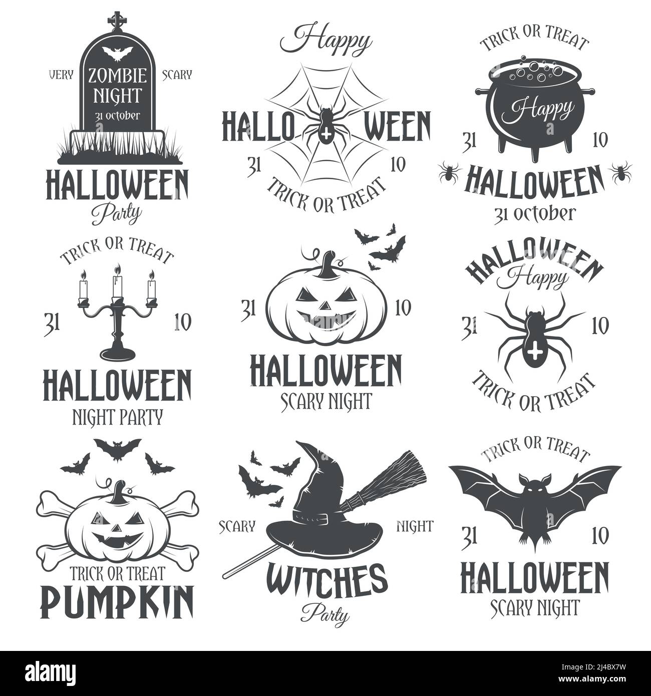 Halloween black white emblems of parties and celebrations with holiday symbols and traditional saying isolated vector illustration Stock Vector