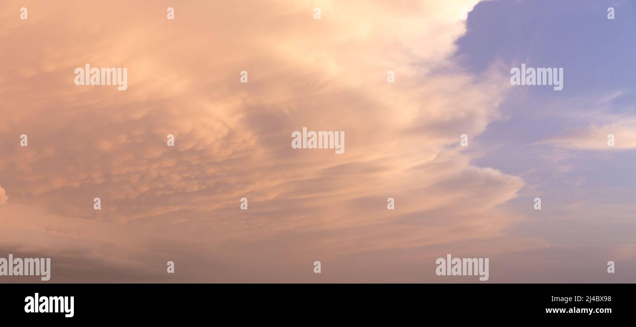 Dramatic panorama sky with cloud on sunrise and sunset time. Panoramic image. Stock Photo