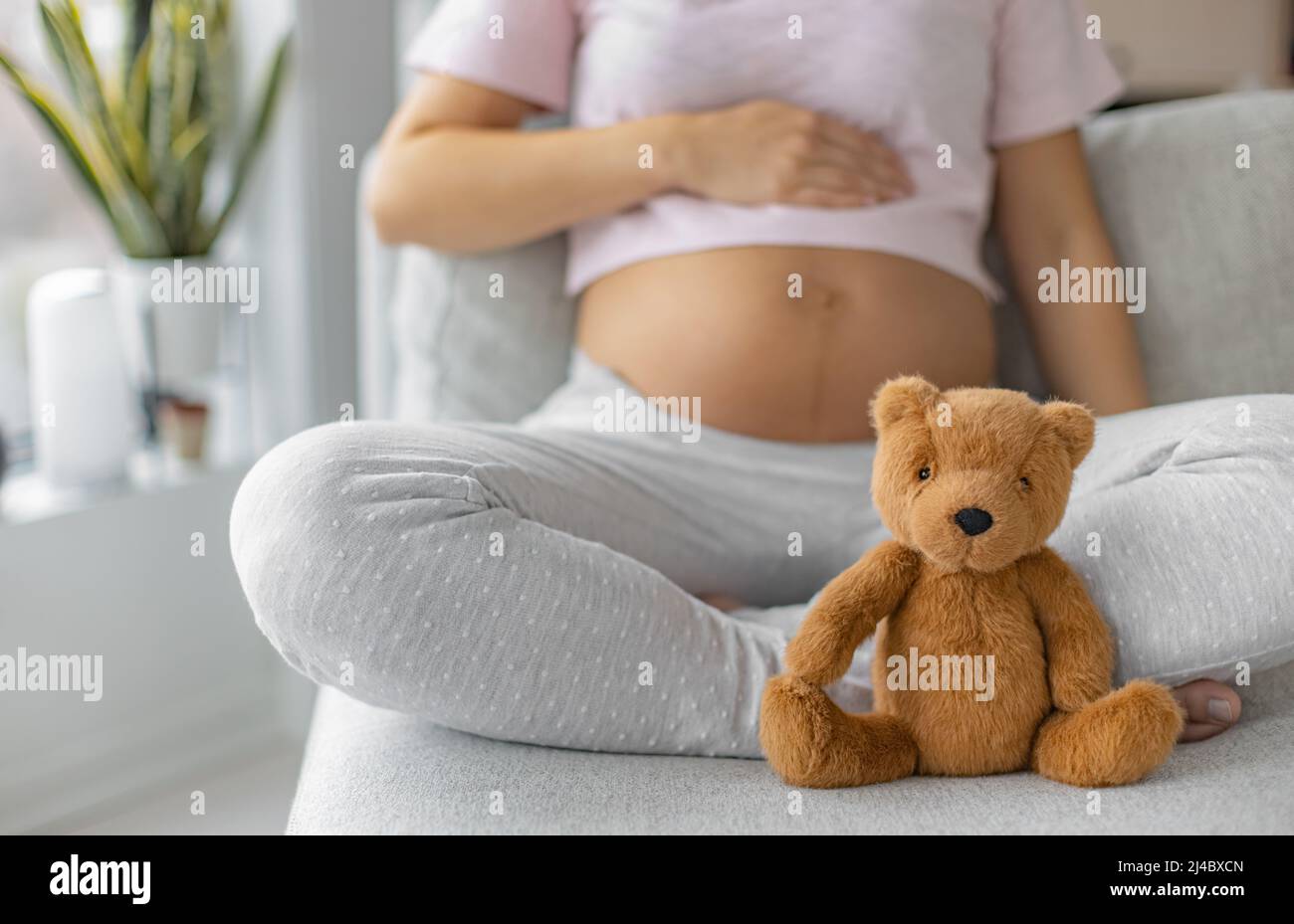 Pregnancy. Pregnant woman wearing maternity clothes relaxing on home sofa with teddy bear baby toy in focuse for baby shower gift concept or expecting Stock Photo