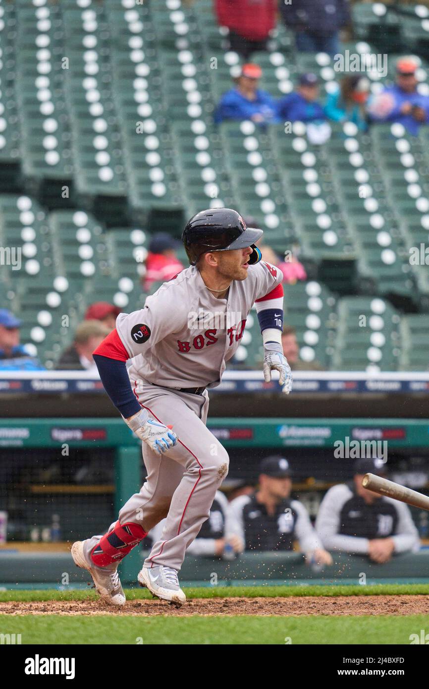 Detroit MI, USA. 13th Apr, 2022. Boston second baseman Trevor Story (10)  gets a hit during the game with Boston Red Sox and Detroit Tigers held at  Comercia Park in Detroit Mi.