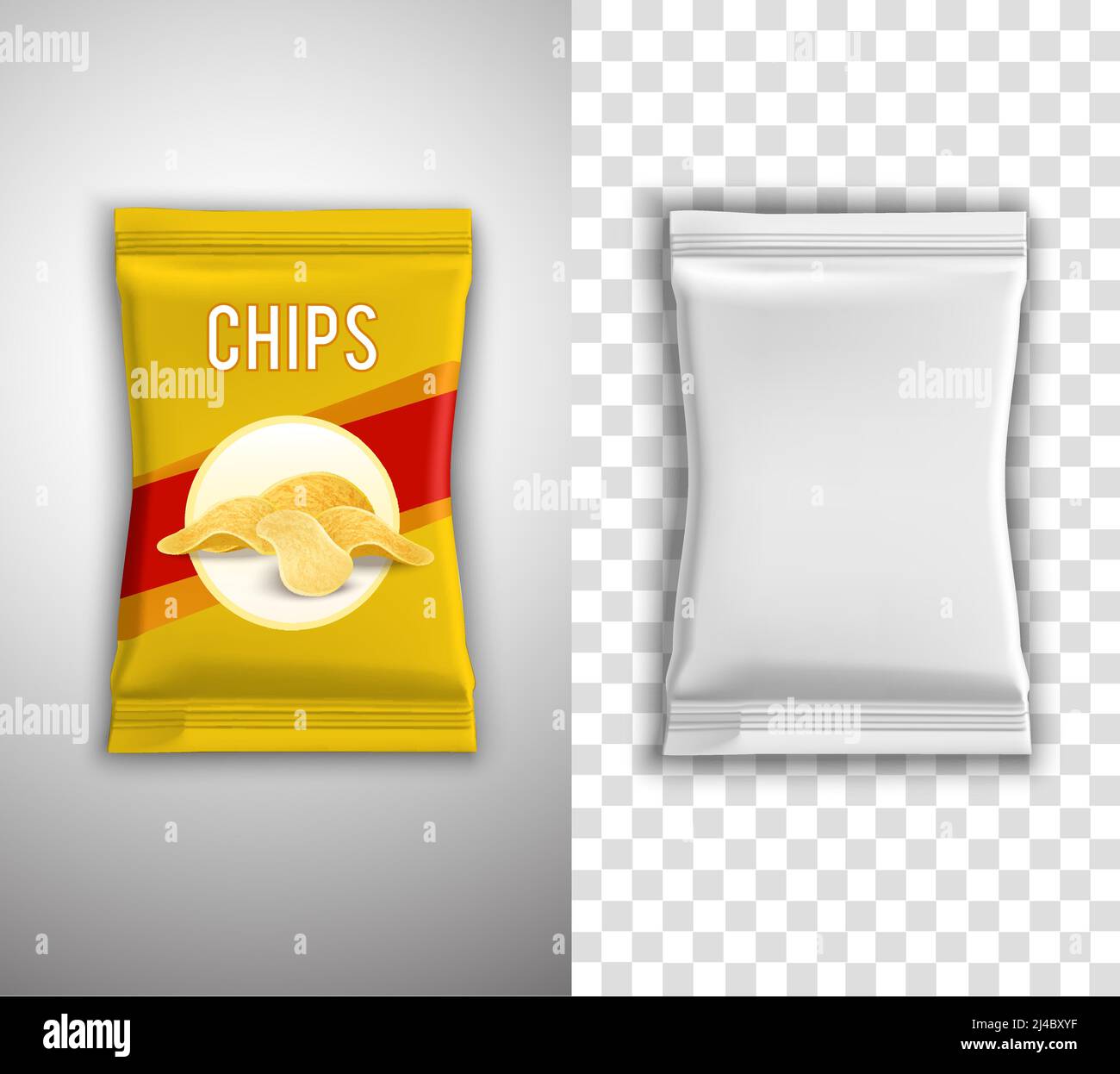 Chips realistic packaging design with blank white template and example isolated vector illustration Stock Vector