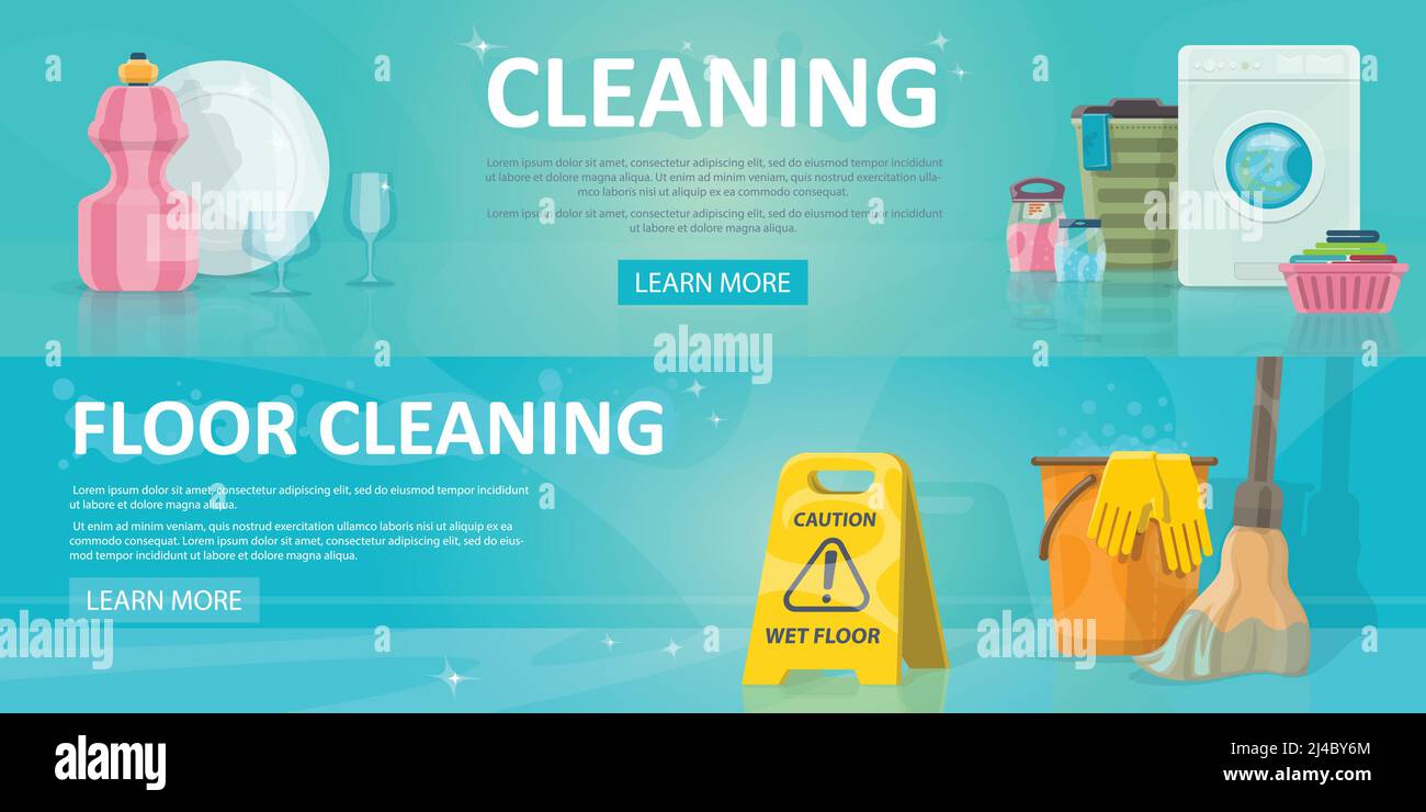 Cleaning service horizontal banners with dish washing sweeping laundry