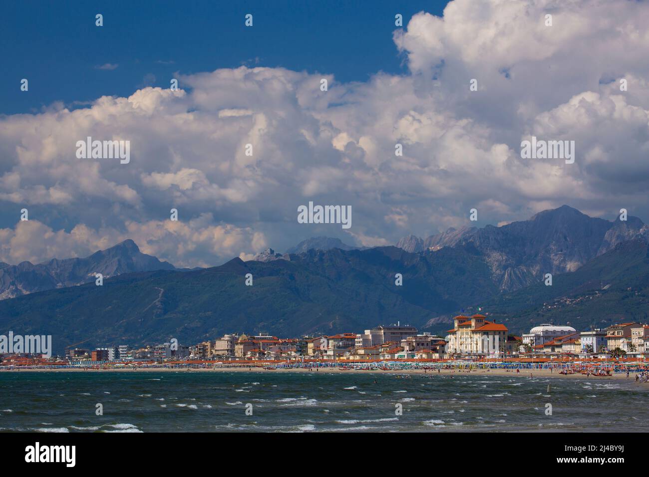 View of Viareggio beachfront with the Apuan Alps behind it. Viareggio