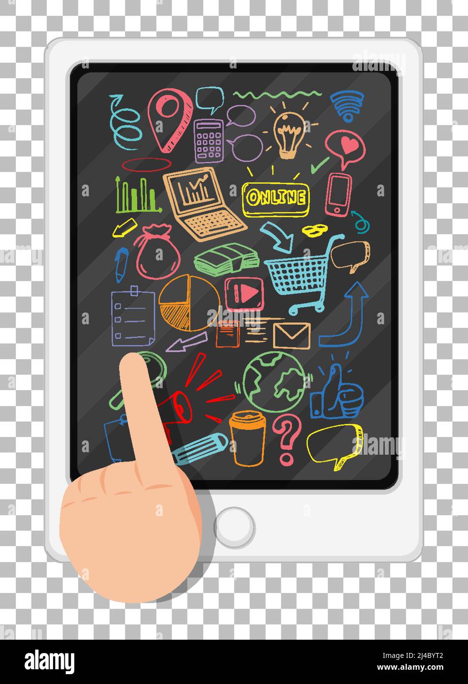 Symbol doodles with ipad and finger on grid background illustration ...