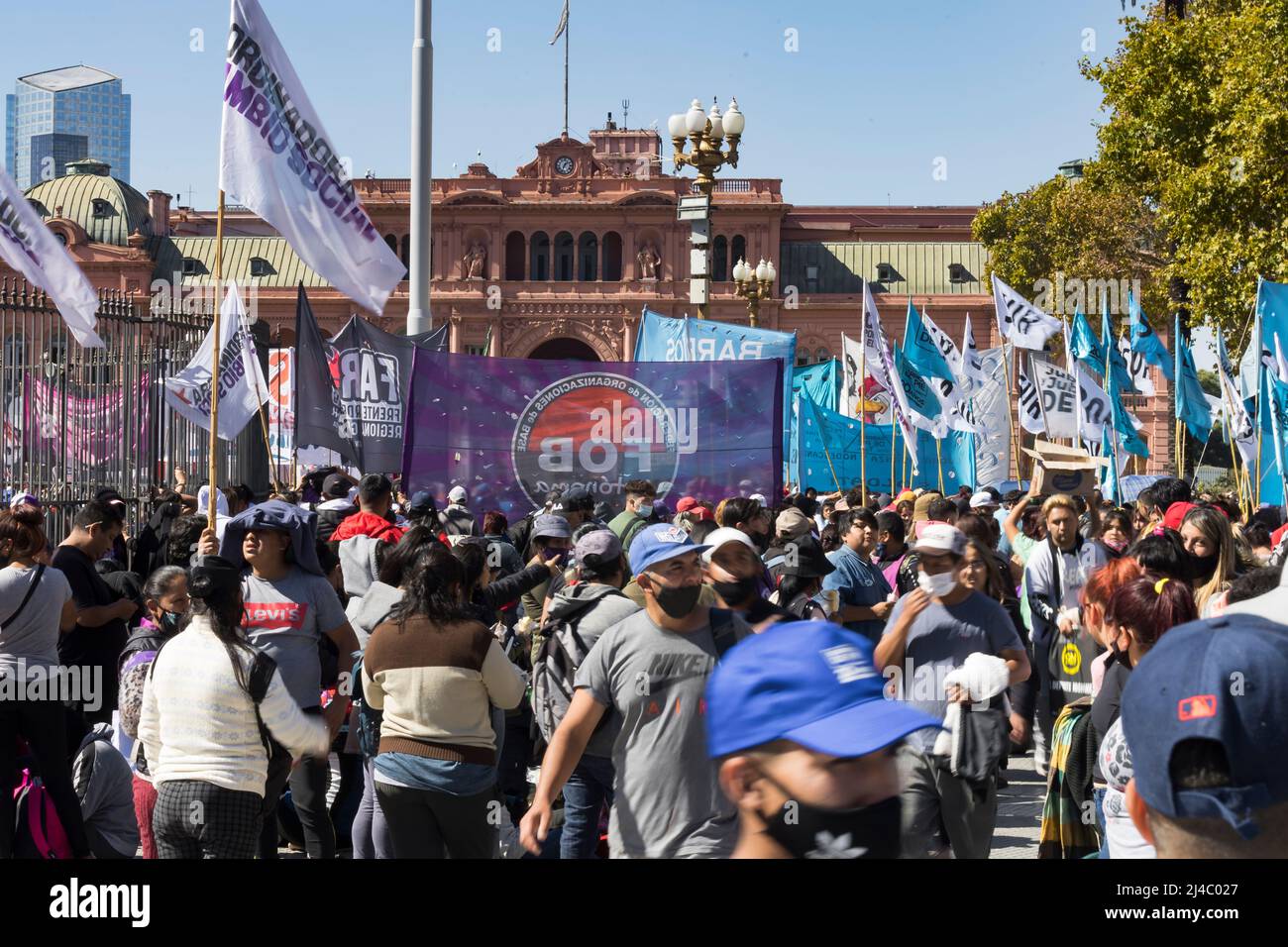 Buenos Aires, Argentina. 13th Apr, 2022. Social organizations protest in the Plaza de Mayo due to the lack of response to their social claims that they made in the last meeting with the Minister of Social Development of the Nation, Juan Zavaleta. (Photo by Esteban Osorio/Pacific Press) Credit: Pacific Press Media Production Corp./Alamy Live News Stock Photo